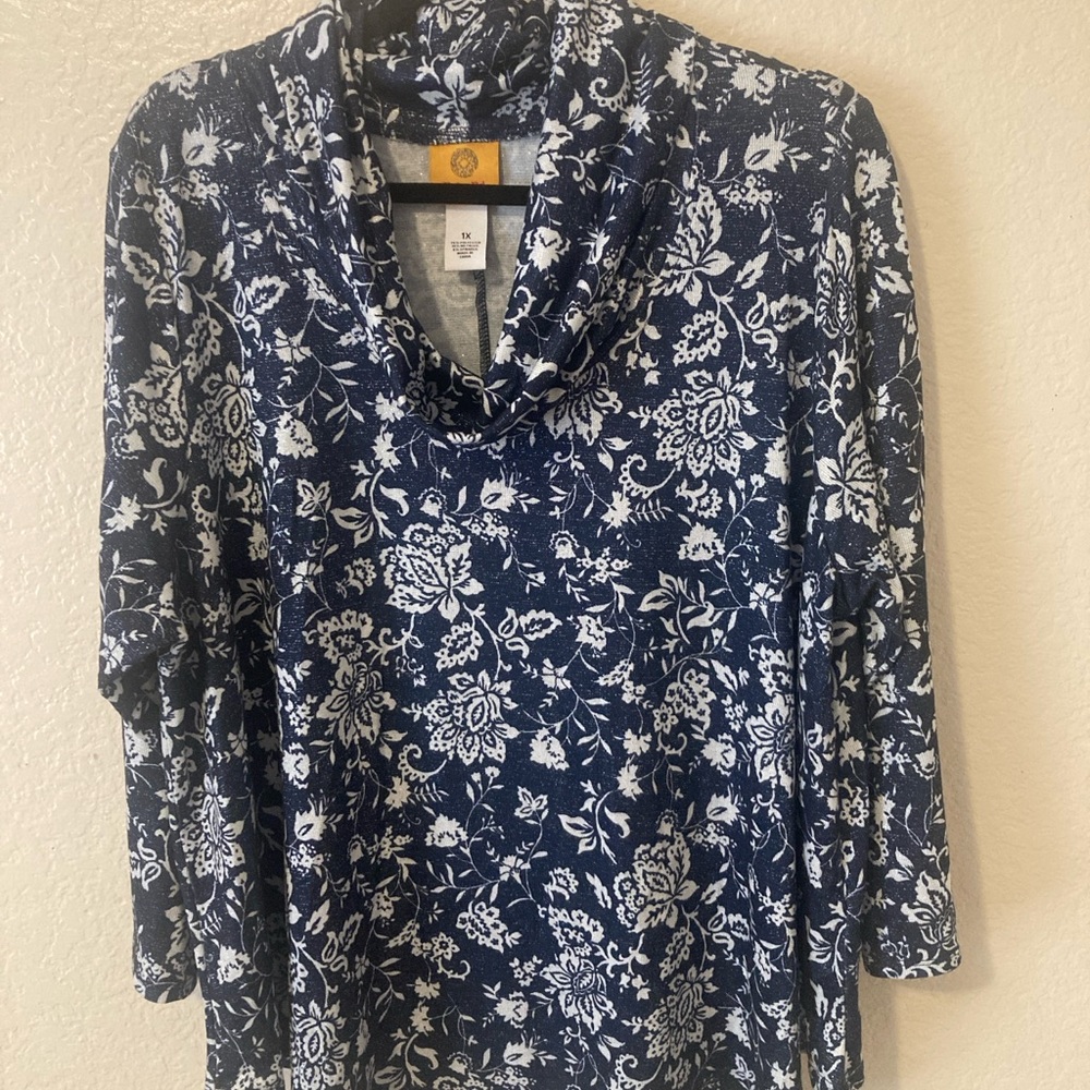 Ruby Rd. Blue and White Floral  shimmer Cowl Neck Blouse